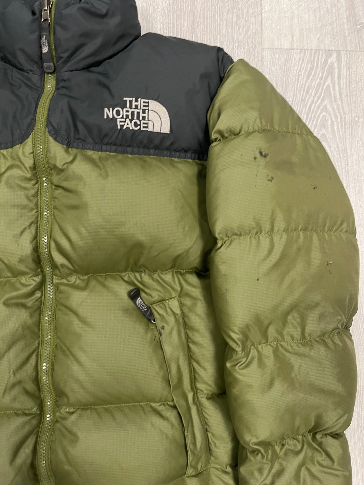 The North Face Light Green Puffer Jacket WITH STAIN & REPAIR